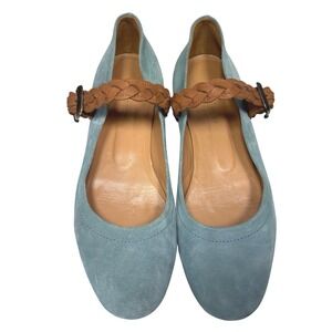 Sundance Alexandra Robin Egg Blue Suede Mary Jane Flats Braided Strap Size 39